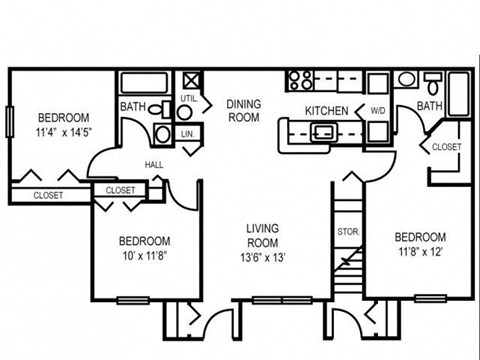 Floor plan for 3 beds, 2 baths, 1130 sqft